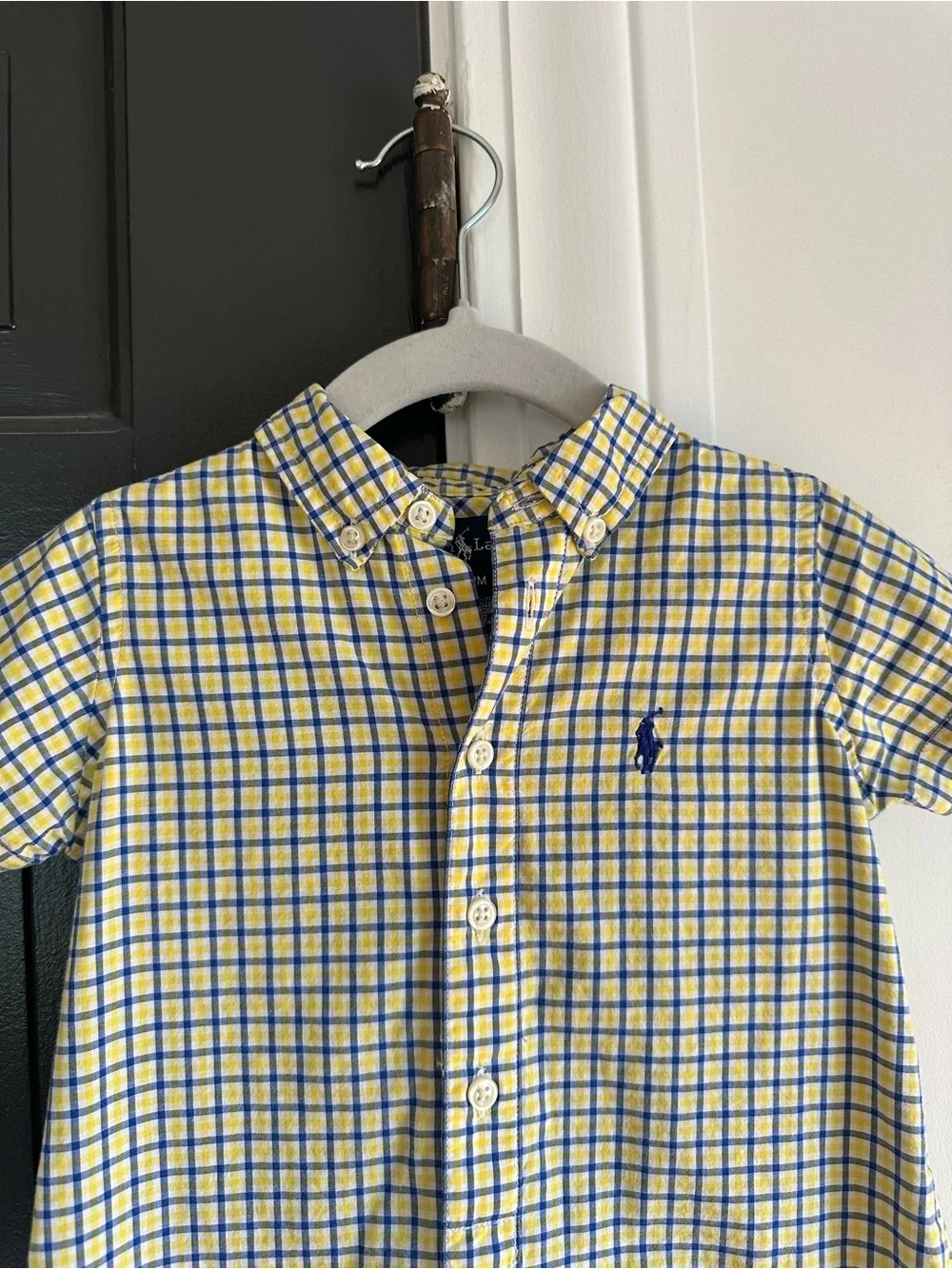 Ralph Lauren Baby Boy 12M Yellow Blue Plaid Cotton Shortall Romper